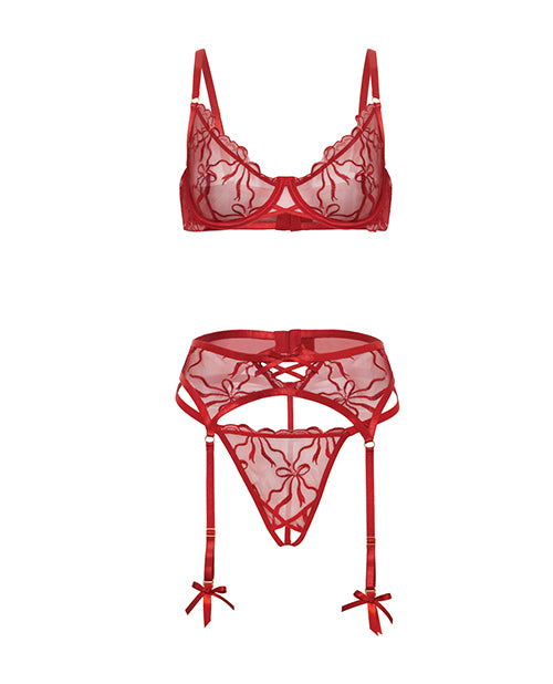 Mariah Embroidered Lace and Mesh Underwire Bra w/Garter & G - String 3 pc Set - Burgundy