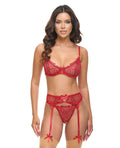 Mariah Embroidered Lace and Mesh Underwire Bra w/Garter & G - String 3 pc Set - Burgundy