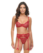 Mariah Embroidered Lace and Mesh Underwire Bra w/Garter & G - String 3 pc Set - Burgundy