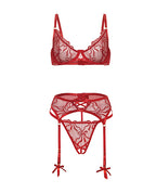 Mariah Embroidered Lace and Mesh Underwire Bra w/Garter & G - String 3 pc Set - Burgundy
