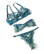 Daphne Lace Underwire 3 pc Set w/Embroidered Trim & Crossing Elastics - Blue