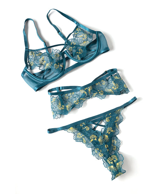 Daphne Lace Underwire 3 pc Set w/Embroidered Trim & Crossing Elastics - Blue
