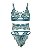 Daphne Lace Underwire 3 pc Set w/Embroidered Trim & Crossing Elastics - Blue