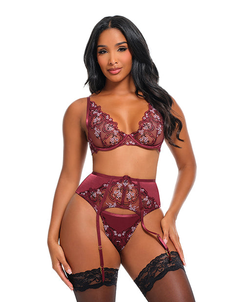 Eloise Floral Embroidered Unlined Underwire 3 pc Set - Burgundy