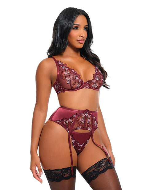 Eloise Floral Embroidered Unlined Underwire 3 pc Set - Burgundy