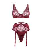 Eloise Floral Embroidered Unlined Underwire 3 pc Set - Burgundy