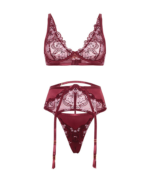 Eloise Floral Embroidered Unlined Underwire 3 pc Set - Burgundy