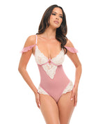 Cassandra Lace & Mesh Teddy w/Ruffle Details - Pink & White