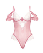 Cassandra Lace & Mesh Teddy w/Ruffle Details - Pink & White