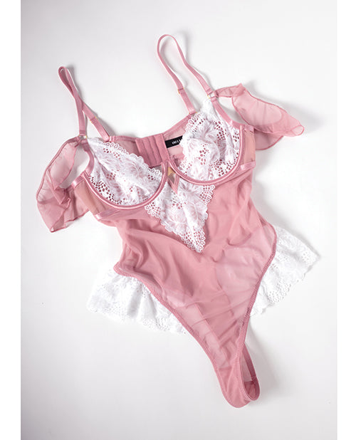 Cassandra Lace & Mesh Teddy w/Ruffle Details - Pink & White