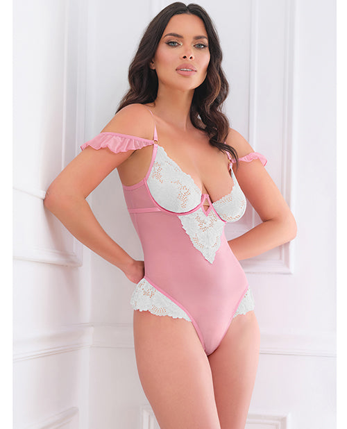 Cassandra Lace & Mesh Teddy w/Ruffle Details - Pink & White