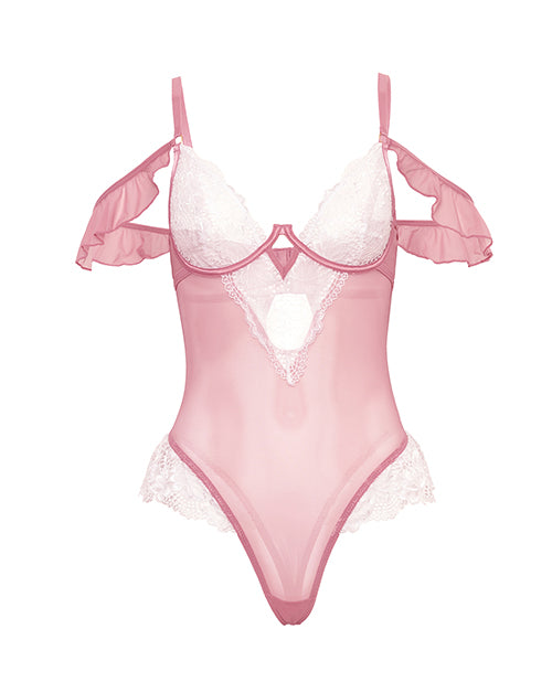 Cassandra Lace & Mesh Teddy w/Ruffle Details - Pink & White
