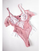 Cassandra Lace & Mesh Teddy w/Ruffle Details - Pink & White