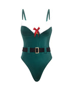 Holiday Elfina Padded Cup Teddy w/attached Belt, Bell Charm, & Marabou Detail - Green