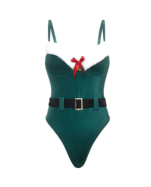 Holiday Elfina Padded Cup Teddy w/attached Belt, Bell Charm, & Marabou Detail - Green