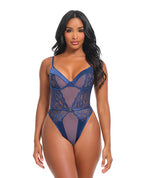 Doreen Lace & Mesh Unlined Underwire Teddy w/Double Ring Detail - Navy