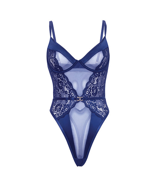 Doreen Lace & Mesh Unlined Underwire Teddy w/Double Ring Detail - Navy