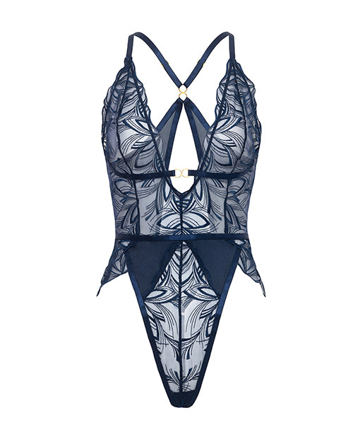 Davina V - Plunge Embroidered Teddy w/Double Ring Charm - Navy