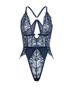 Davina V - Plunge Embroidered Teddy w/Double Ring Charm - Navy