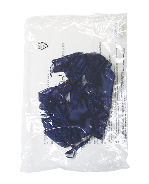 Davina V - Plunge Embroidered Teddy w/Double Ring Charm - Navy