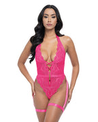Kahlia Lace Halter Top Teddy - Pink Yarrow