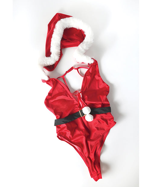 Holiday Soft Cup Satin Teddy w/Detachable Hood & Bow Detail - Red/White