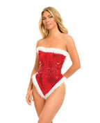 Holiday Sparkle Strapless Boned Sequin Teddy w/Marabou Trim & Detachable Straps - Red White
