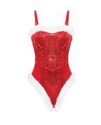 Holiday Sparkle Strapless Boned Sequin Teddy w/Marabou Trim & Detachable Straps - Red White