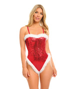 Holiday Sparkle Strapless Boned Sequin Teddy w/Marabou Trim & Detachable Straps - Red White
