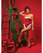 Holiday Sparkle Strapless Boned Sequin Teddy w/Marabou Trim & Detachable Straps - Red White
