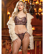 Adela Embroidered Boned Bustier w/G-String 2 pc Set - Black/Pink XL