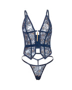 Bleu Floral Embroidered Boned Bustier w/Chain Tassel & G - String - Navy