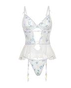Elena Floral Embroidered Bustier w/Ruffles & Matching Panty - White
