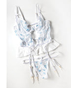 Elena Floral Embroidered Bustier w/Ruffles & Matching Panty - White