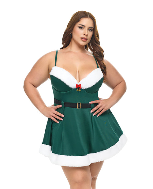 Holiday Elfina Padded Cup Chemise w/Attached Belt & Marabou Trim Details - Green