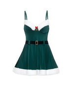 Holiday Elfina Padded Cup Chemise w/Attached Belt & Marabou Trim Details - Green