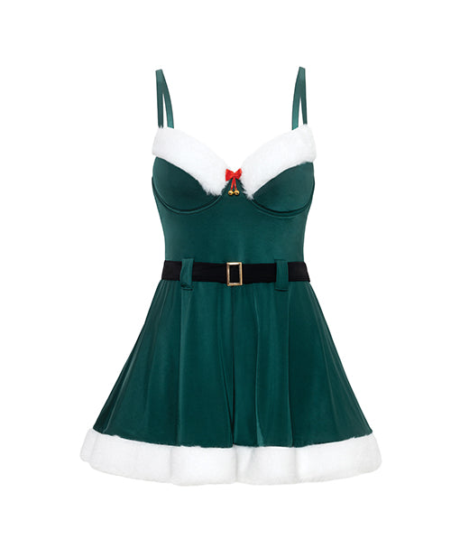 Holiday Elfina Padded Cup Chemise w/Attached Belt & Marabou Trim Details - Green