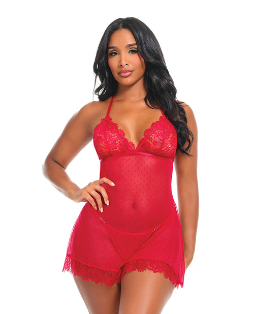 Aliza Soft Cup Pin Dot Lace & Mesh Babydoll w/G - String - Red