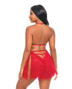 Aliza Soft Cup Pin Dot Lace & Mesh Babydoll w/G - String - Red