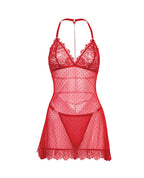 Aliza Soft Cup Pin Dot Lace & Mesh Babydoll w/G - String - Red