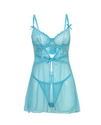 Emma Floral Lace & Mesh Underwire Babydoll w/G - String 2 pc Set - Beach Blue