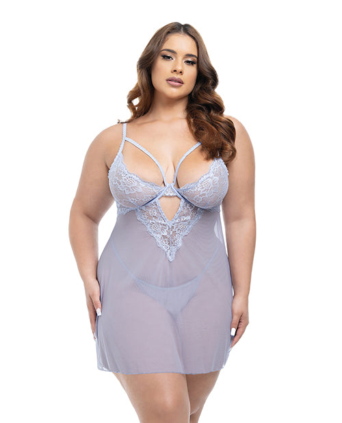Elsie Lace & Mesh Underwire Babydoll w/G - String 2 pc Set - Brunnera Blue