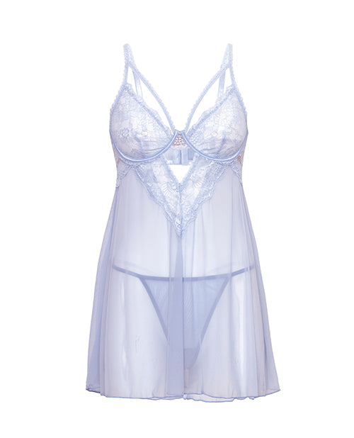 Elsie Lace & Mesh Underwire Babydoll w/G - String 2 pc Set - Brunnera Blue