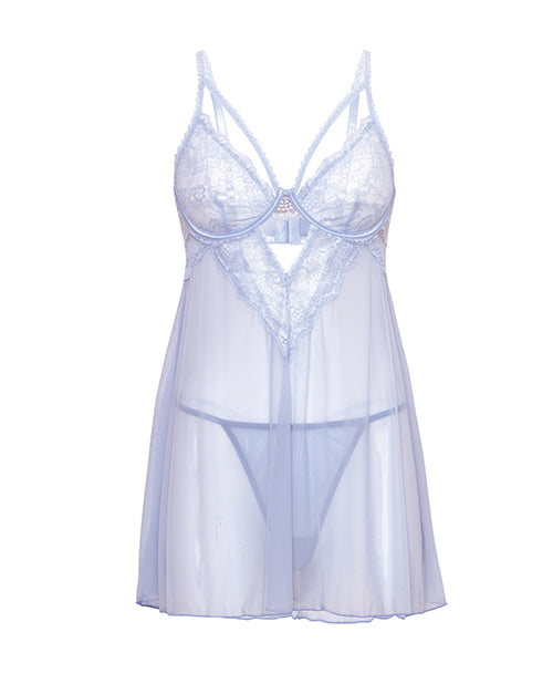 Elsie Lace & Mesh Underwire Babydoll w/G - String 2 pc Set - Brunnera Blue