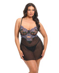 Jenna Floral Embroidered Mesh Unlined Underwire Babydoll w/Keyhole Details & Thong - Purple/Black