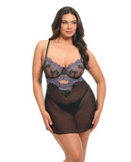 Jenna Floral Embroidered Mesh Unlined Underwire Babydoll w/Keyhole Details & Thong - Purple/Black