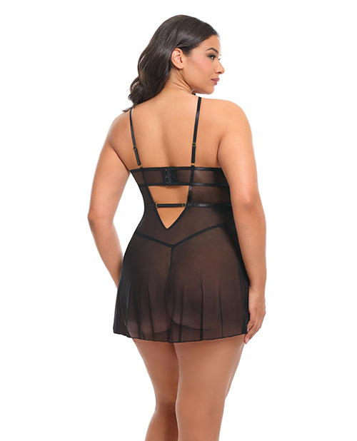 Jenna Floral Embroidered Mesh Unlined Underwire Babydoll w/Keyhole Details & Thong - Purple/Black