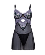 Jenna Floral Embroidered Mesh Unlined Underwire Babydoll w/Keyhole Details & Thong - Purple/Black