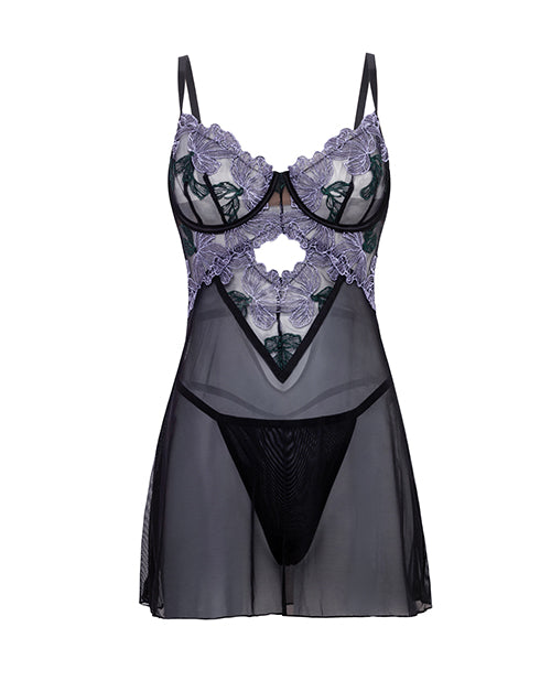 Jenna Floral Embroidered Mesh Unlined Underwire Babydoll w/Keyhole Details & Thong - Purple/Black