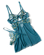 Daphne Lace & Mesh Babydoll w/Embroidered Details & Crossing Elastics - Blue